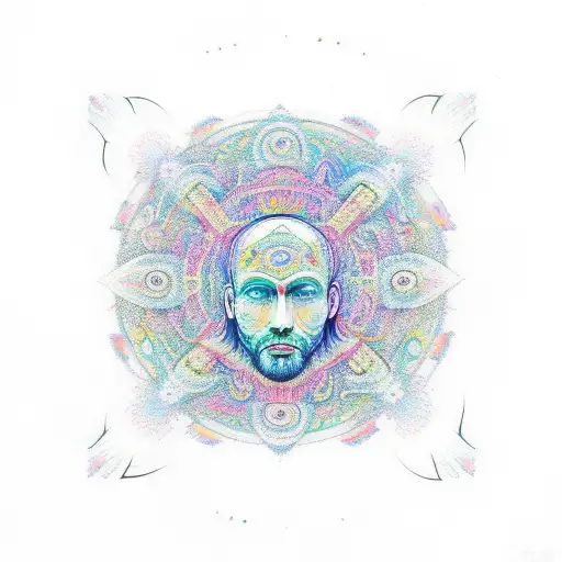 A Psychedelic Head Coming Outside Lsd Dmt Or Mushroom Patterns Full Of Colors With Hippie Symbols