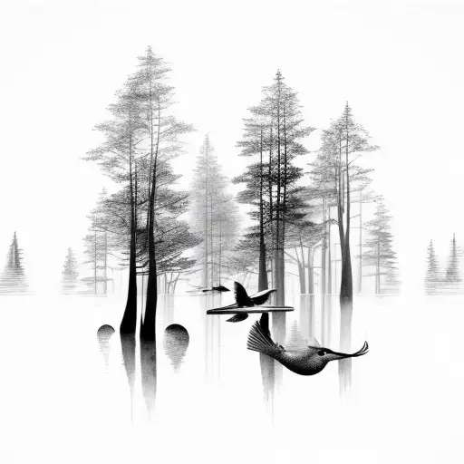 Forest With Moon House Water Birds Strom