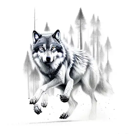 A Surreal Scene Of A Wolf Running Through A Forest Made Entirely Of Black And White Patterns