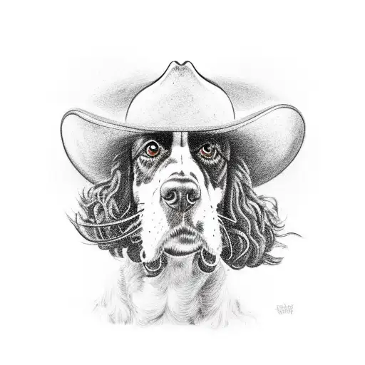English Springer Spaniel Dog Wearing A Cowboy Hat Looking In To The Sky