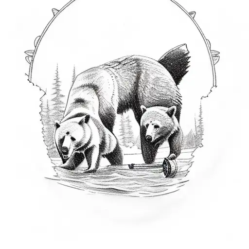 A Sketch Style Tattoo Of A Bear And Wolf Fishing By A Tranquil Lake Near A Rustic Cabin