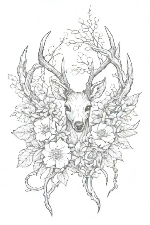 Deer Antler Intertwined With Flowers And Barb Wire Wrapped