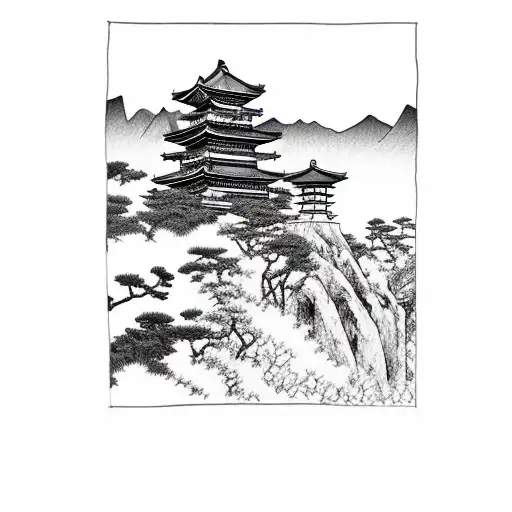 Samurai Standing On A Cliff Overlooking A Traditional Japanese Landscape