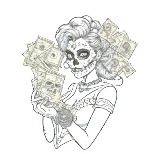 A Seductive Woman With A Sugar Skull Face Tattoo Holding A Stack Of Money