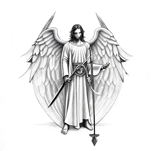 Angel Michael With A Sword With Symmetrical Compass Around Him And Should Have An Aesthetic Body