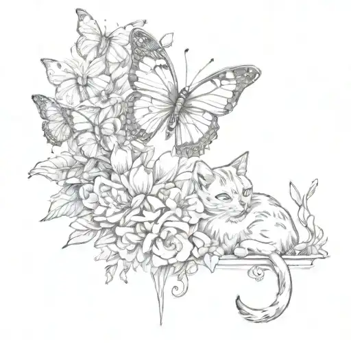 Butterfly And Cat In Flowers