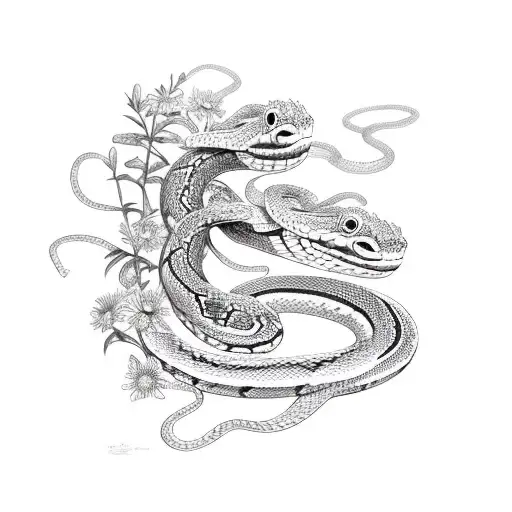 Snake Serpent In Snapdragons And Daisies