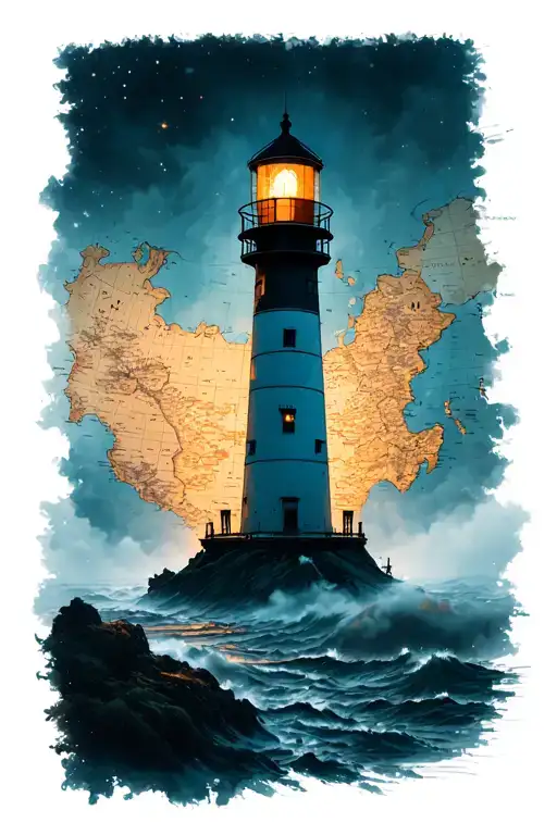 Map Background With A Lighthouse Lit Up Through Fog In The Foreground