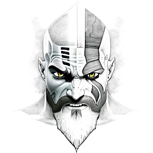 A Portrait Of Kratos With A Pixelated Background Representing His Video Game Origins