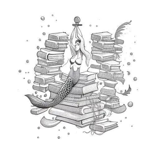 A Mermaid Lifting Weights Underwater Surrounded By Books