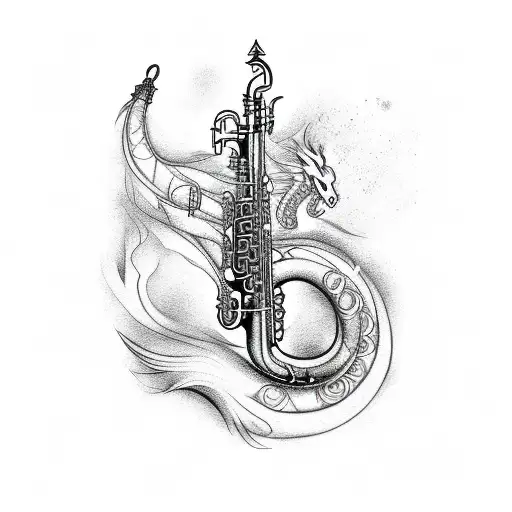 A Sketch Style Tattoo Of A Saxophone Morphing Into A Japanese Dragon