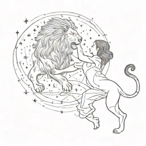 A Silhouette Of A Girl Dancing With A Lion Under A Starry Sky