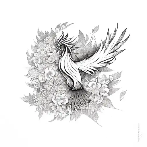 The Phoenix Bird With Flowers And Leaves Tattoo
