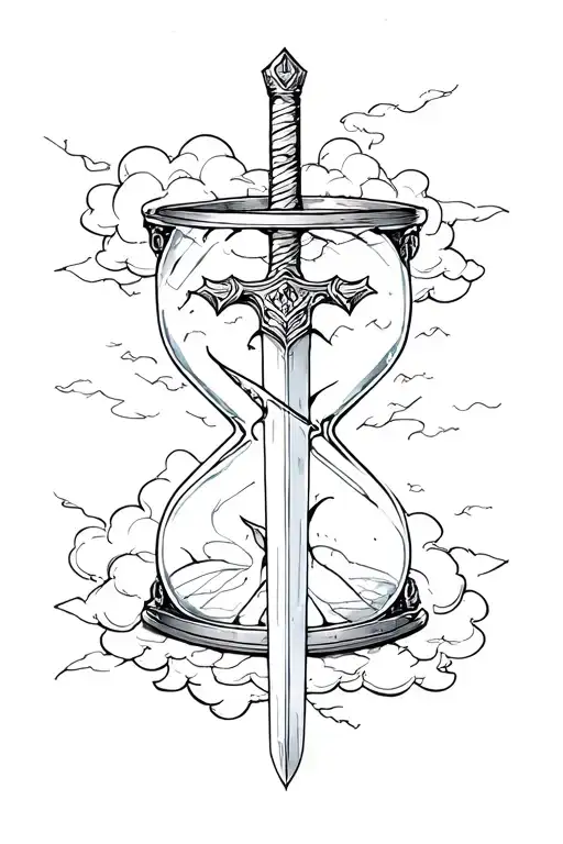 Cracked Hour Glass With Sword Surrounded By Clouds