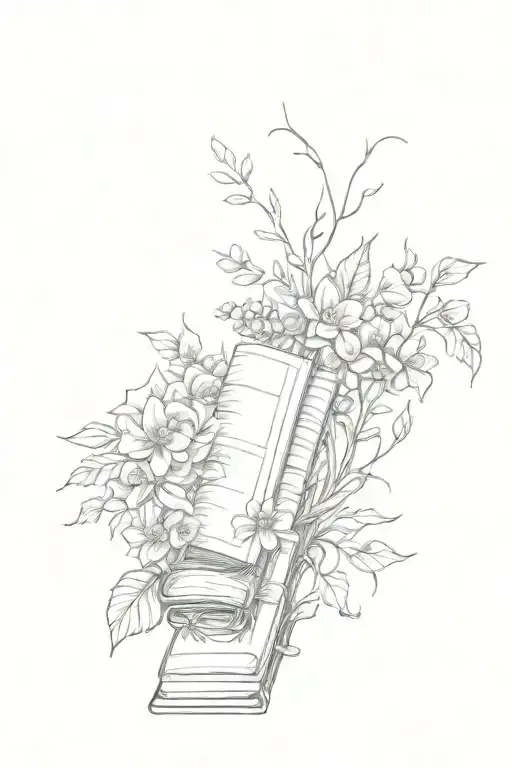 A Sketch Style Patchwork Sleeve With Vines Books Flowers And Water