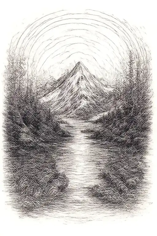 Mountain And Lake Surrounded By Lines And Circles Patern