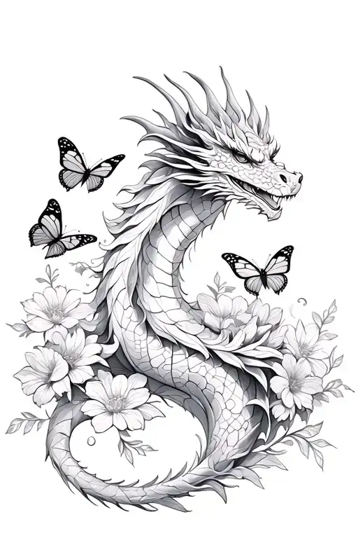 Dragon With Butterflies And Flowers Intertwined