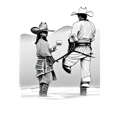 Cowboy And Samurai Having A Drink Together