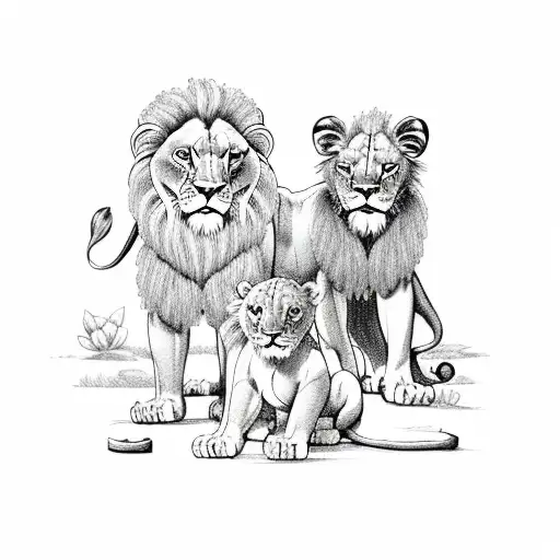 Lion With Cubs And Flowers