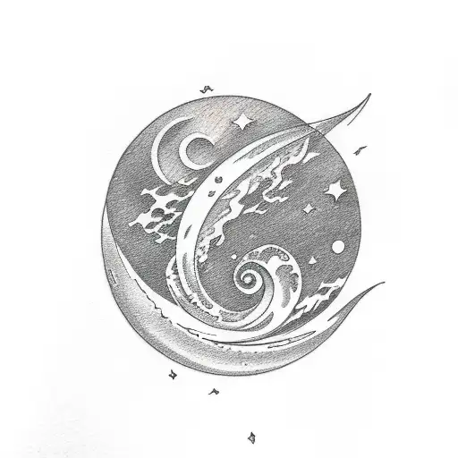 A Sketch Style Tattoo Of A Moon With Waves Forming Into A Mouse Silhouette