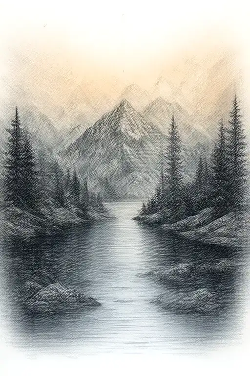 Mountain And Lake Surrounded By Geo Patern