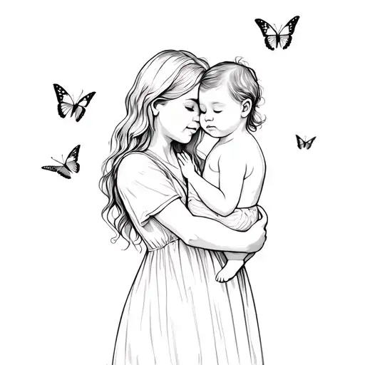 Outline Mom Holding Baby With Butterflies Flying