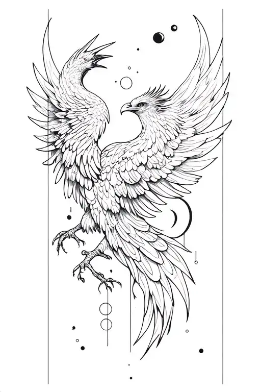 Vertical Phoenix Outline With Moon Phases Intertwined