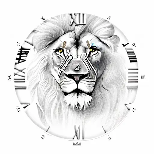 A Lion's Face Morphing Into A Clock With Roses As Accents