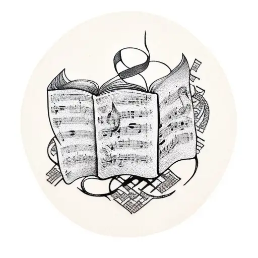 A Traditional Style Tattoo Of A Music Sheet Intertwined With A Book