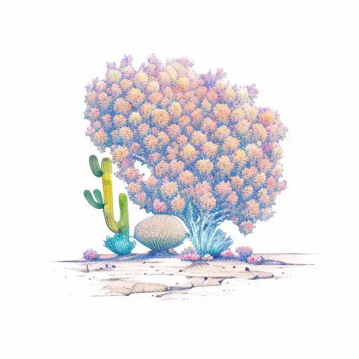 A Desert Landscape With A Colorful Sunset Sky And A Blooming Flower In The Foreground