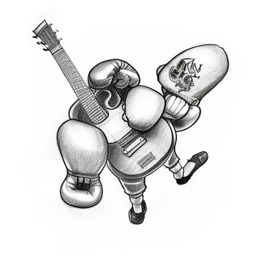 A Sketch Style Tattoo Of A Guitarist Playing A Solo With Boxing Gloves Hanging In The Background
