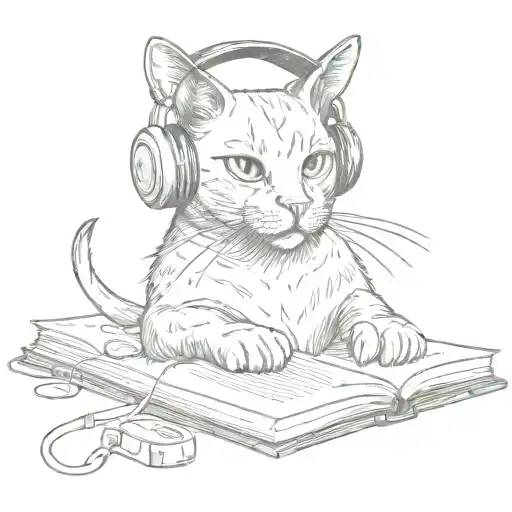 A Sketch Of A Cat Wearing Headphones Listening To Music With Insurance Documents In The Background