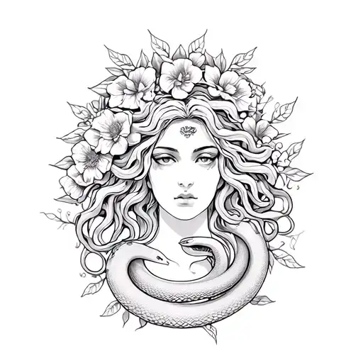Medusa Goddess With Snake And Flowers Intertwined