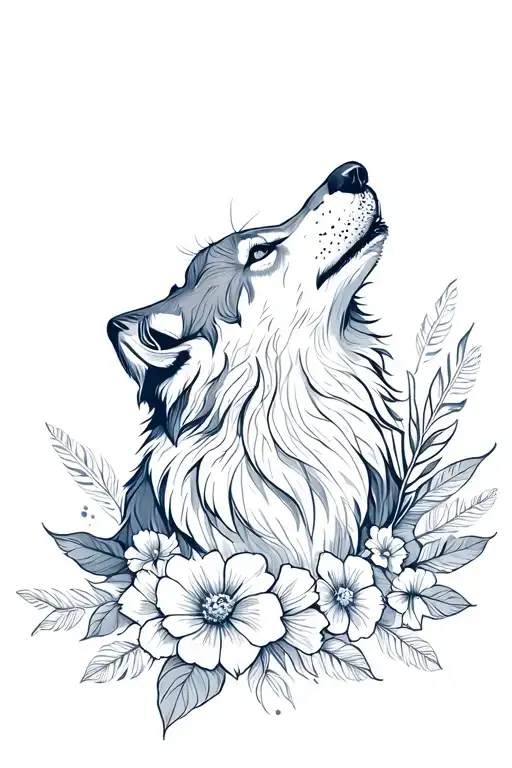Wolf Howling With Flowers And Feather