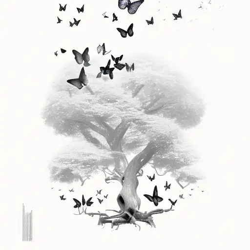 A Few Large Butterflies Flying Around A Tree With A Thick Trunk And Small Top