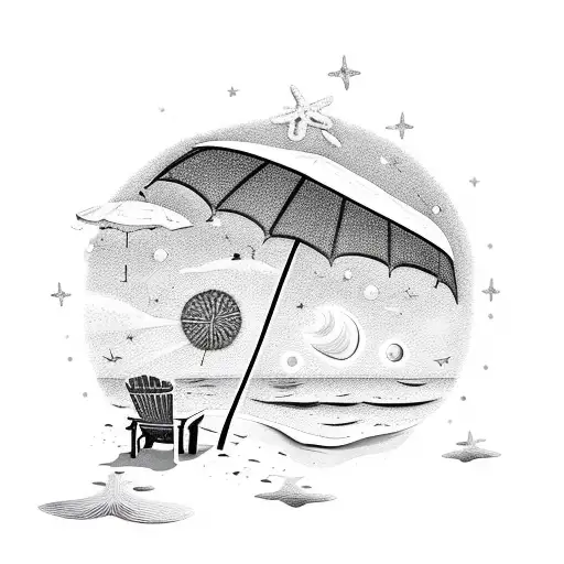 A Beach Scene With A Floral Umbrella Under A Starry Night Sky