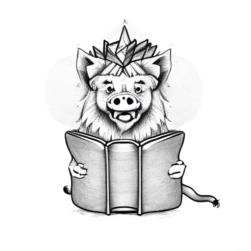 A Happy Pig Reading A Book Under A Lion's Protection