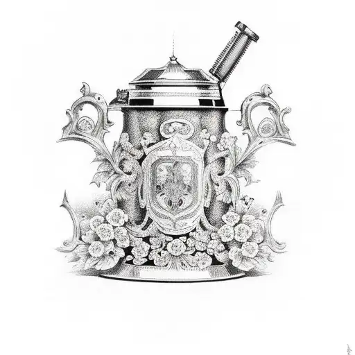 A Traditional German Beer Stein With A Floral Pattern And Gun Motifs