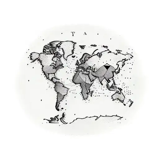 A Sketch Style Tattoo Of A World Map With Dotted Lines Tracing The Client's Favorite Travel Routes