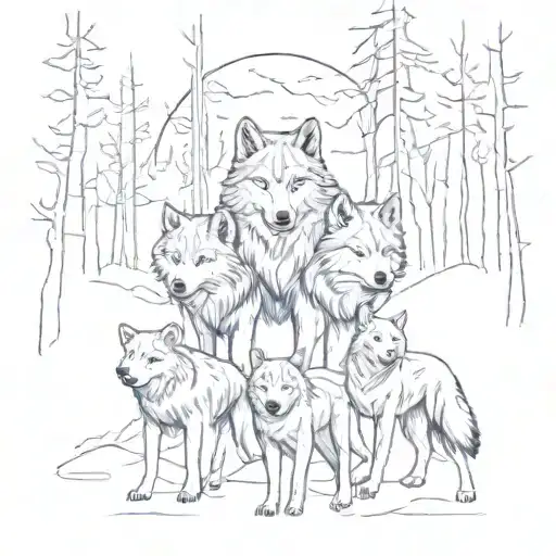A Family Of Wolves In The Middle Of The Forest