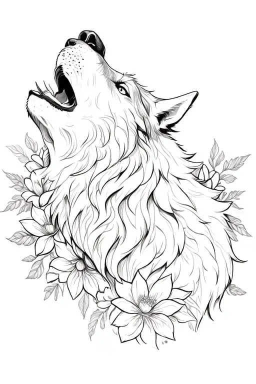 Wolf Howling With Flowers Surrounding