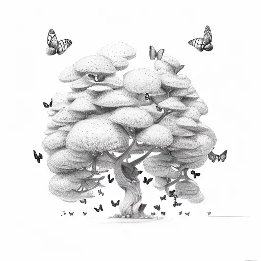 Butterflies Flying Around A Big Tree With A Thick Trunk