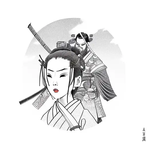 A Samurai Who Stands Behind A Woman In A Kimono And Cuts Off Her Head