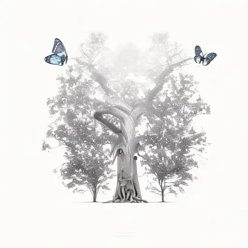 A Few Large Butterflies Flying Around A Tree With A Thick Trunk And Small Top