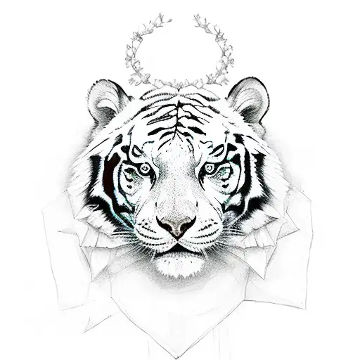 Nature Spirit Girl With A White Tiger Animal Headdress In A Sketch Style