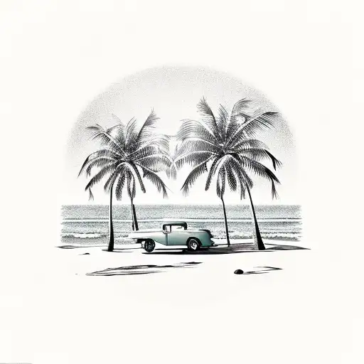 A Beach Scene With Palm Trees And A Vintage Car Parked Nearby