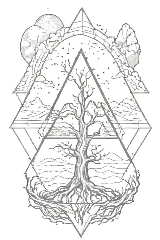Tree With Roots With Mountain Background Inside Of Triangle And Outerspace Inside Of Triangle