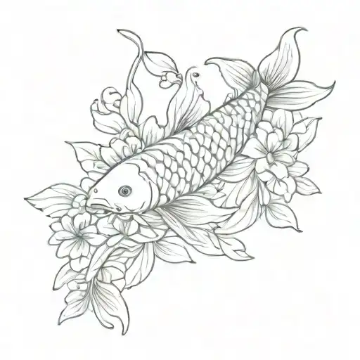 Line Art Flower With Koi Fish