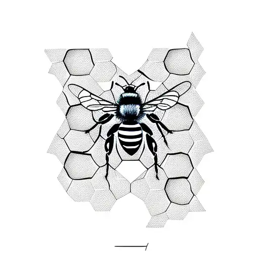 Bee On Geometric Honeycomb With Flowers