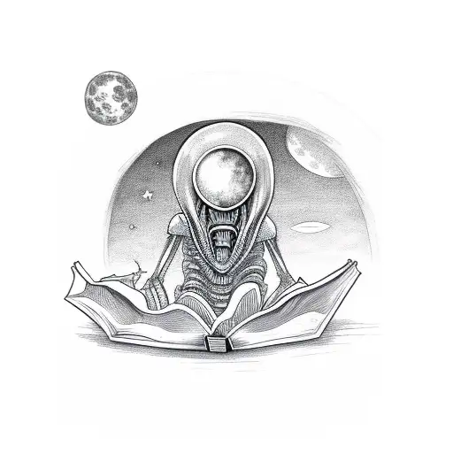An Alien Reading A Book Under A Moonlit Sky In A Traditional Style